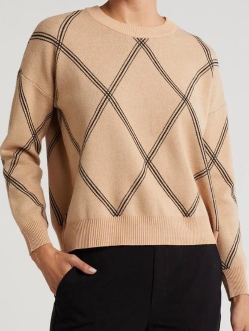 T Tahari Argyle Crewneck Sweater Tan Size S